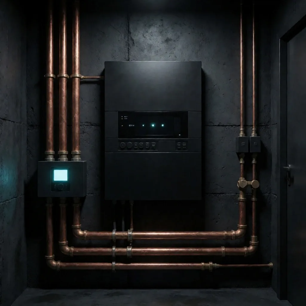 Karanlık bir teknikhane duvarında elektrik panosu