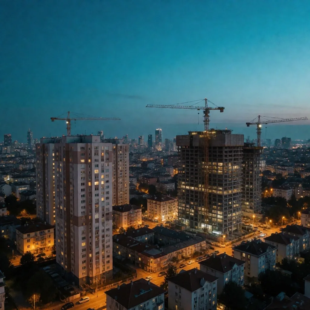 İstanbul şehir silüesi ve inşaat vinçleri hava çekimi